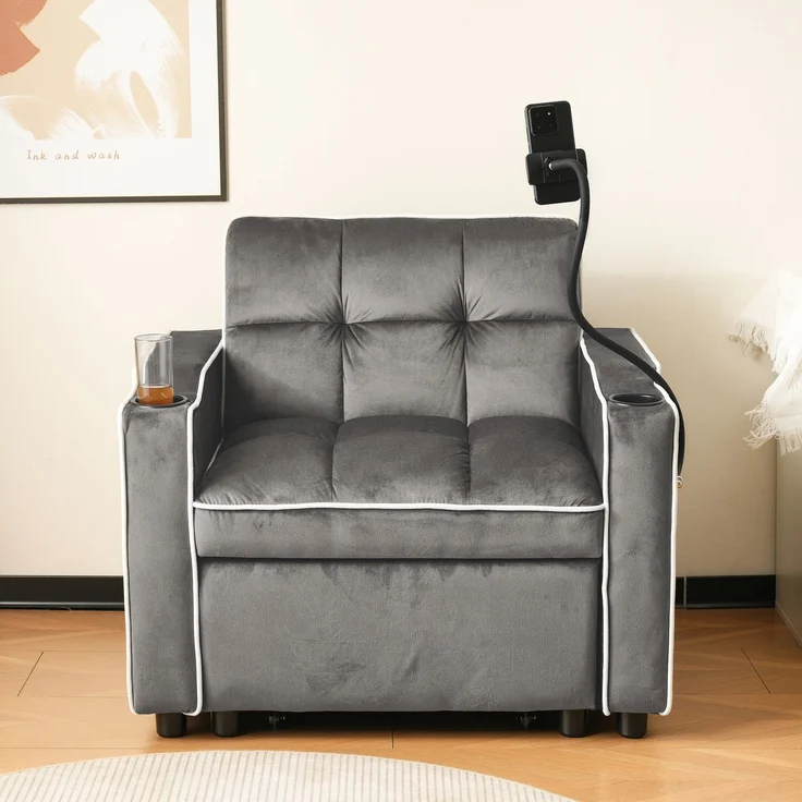 Schlafsofa mit Getränkehalter und Handyhalterung,Verstellbarer Sessel, Sofa-Liegestuhl und Gästebett in einem, Samtbezug Dunkelgrau – Bild 4