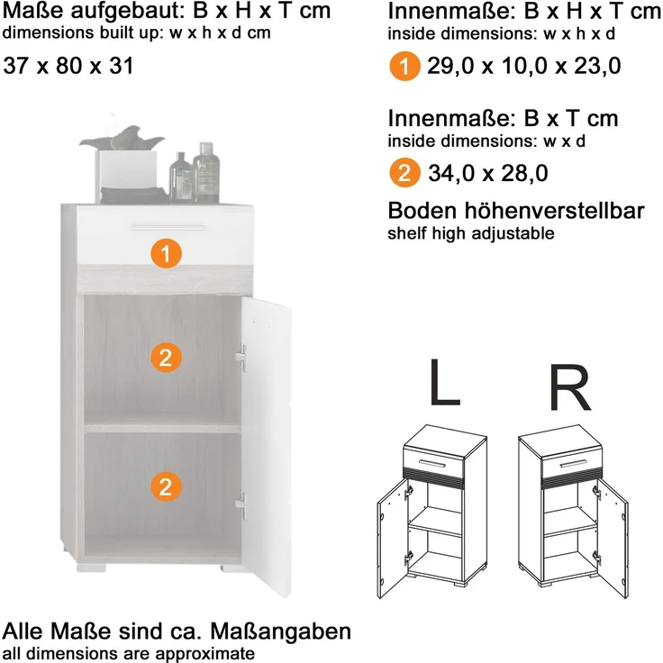 Badmöbel Kommode Set One Hochglanz weiß und Sardegna grau 37x80 cm – Bild 4