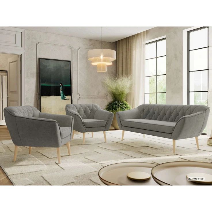 Wohnzimmerset PIRS 1-1-3, Skandinavisches 3-Sitzer Sofa mit Sesseln, Sofa mit Wellenfederung, Buche Füße, Skandinavisches Möbelset - Grau Stukture – Bild 1