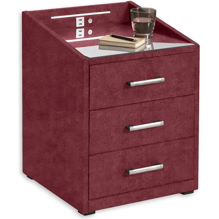 MOON Nachttisch Boxspringbett, Salvador Burgund - Funktionaler Nachtschrank mit USB-Anschluss und LED-Beleuchtung - 47 x 61 x 46 cm (B/H/T)