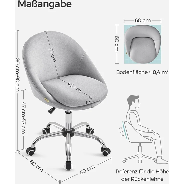 SONGMICS Homeoffice Stuhl, Drehstuhl, Schreibtischstuhl, Schaumstoffpolsterung, höhenverstellbar, für Arbeitszimmer, Schlafzimmer, grau OBG020G01 – Bild 6