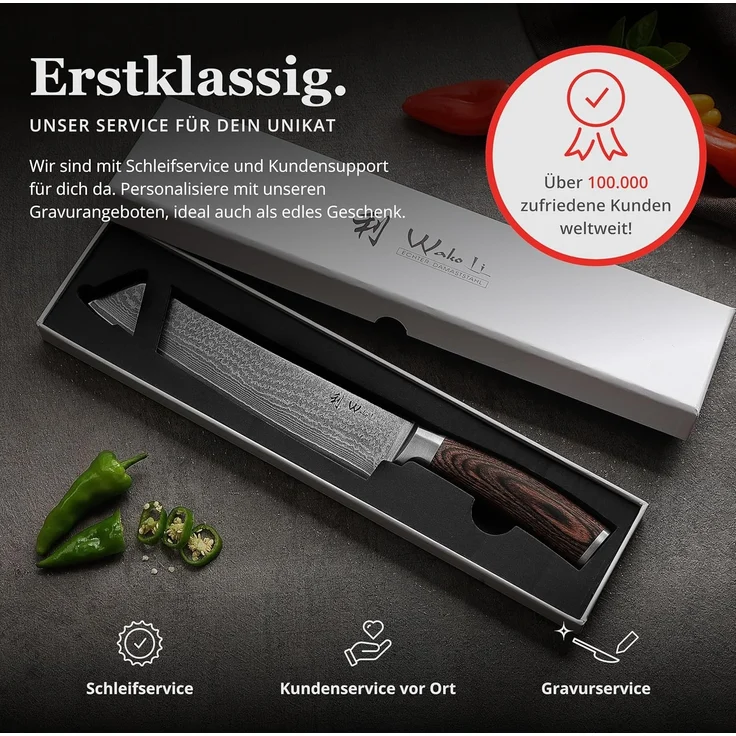 Wakoli Asiamesser Edib Tanto Damast Küchenmesser Kochmesser 20 cm Klinge Pakkaholzgriff, aus 67 Lagen Damaststahl, VG-10 Stahlkern – Bild 8