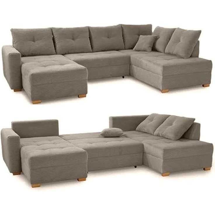 Wohnlandschaft U-Form Sofa groß Schlaffunktion Couch Bettkasten Cord Braun Taupe – Bild 1
