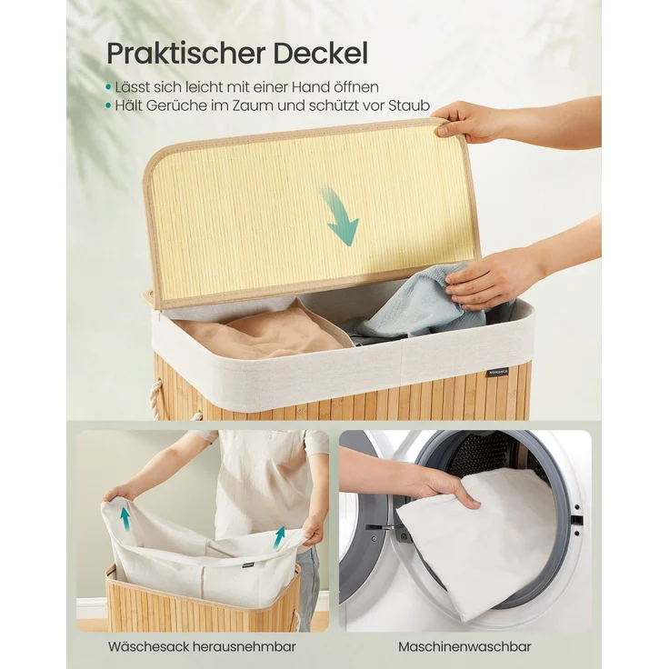SONGMICS Wäschekorb 2 Fächer, 100 L Wäschesammler mit Deckel, Wäschebox Bambus, mit Griffen, faltbar, Wäschesack herausnehmbar maschinenwaschbar, Waschküche, braun, Naturfarben – Bild 3
