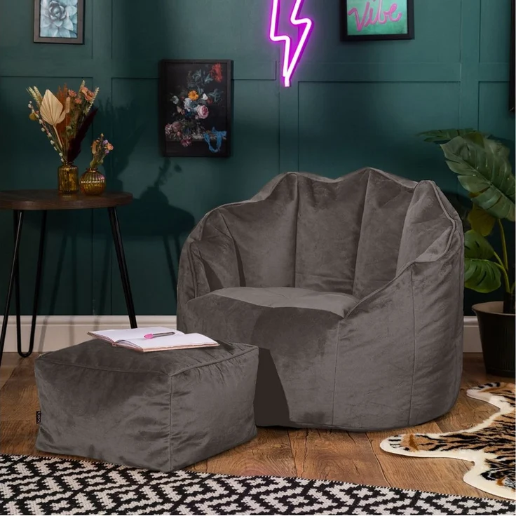 Icon Sirena Sitzsack Sessel mit Hocker für Erwachsene, Dunkelgrau, Flauschiger Samtstoff, Riesen Sitzsack Samt mit Füllung, Bean Bag Chair, Bequemer Sessel Wohnzimmer, Lounge, Schlafzimmer, Büro – Bild 2