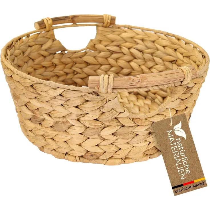 HMF Aufbewahrungskorb Präsentkorb, runder Aufbewahrungskorb mit Holzgriffen, geflochten aus, natürlicher Wasserhyazinthe, 30 x 12 cm