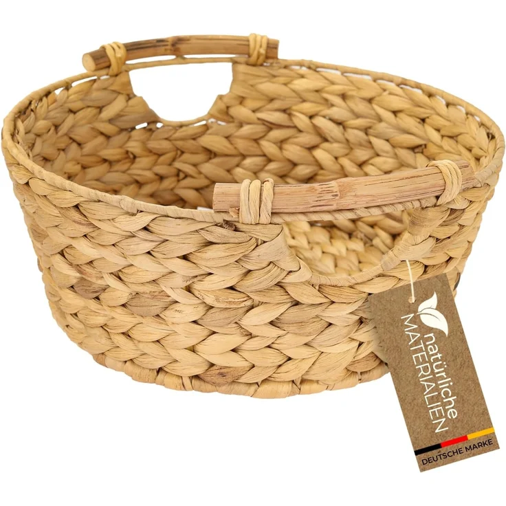 HMF Aufbewahrungskorb Präsentkorb, runder Aufbewahrungskorb mit Holzgriffen, geflochten aus, natürlicher Wasserhyazinthe, 30 x 12 cm – Bild 1