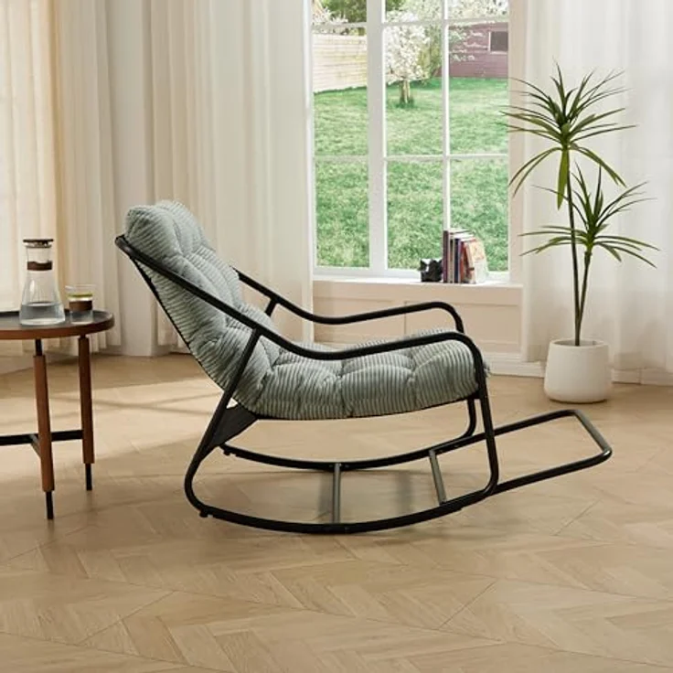 Ball & Cast Schaukelstuhl für Drinnen & Draußen, Rocking Chair mit Gepolstertem Kissen und Fußstütze, Balkonsessel für Wohnzimmer, Garten & Terrasse, Hellgrün – Bild 3