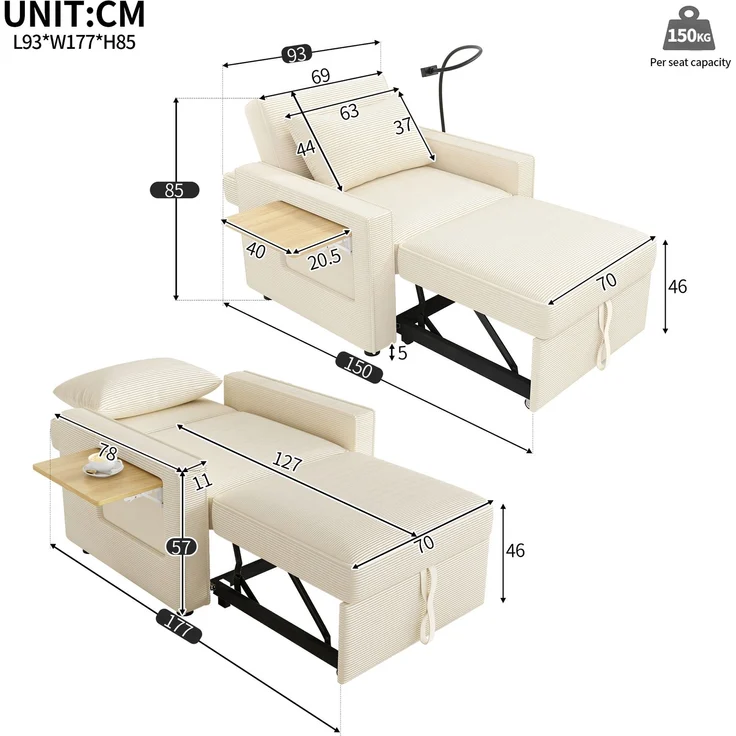Multifunktionales faltbares Schlafsofa mit USB-Ladeanschluss und Handyhalter, 1-Sitzer Relaxsessel Sofa Bett umwandelbar, platzsparend für Wohnzimmer und Schlafzimmer, Cord Stoff, Beige – Bild 11