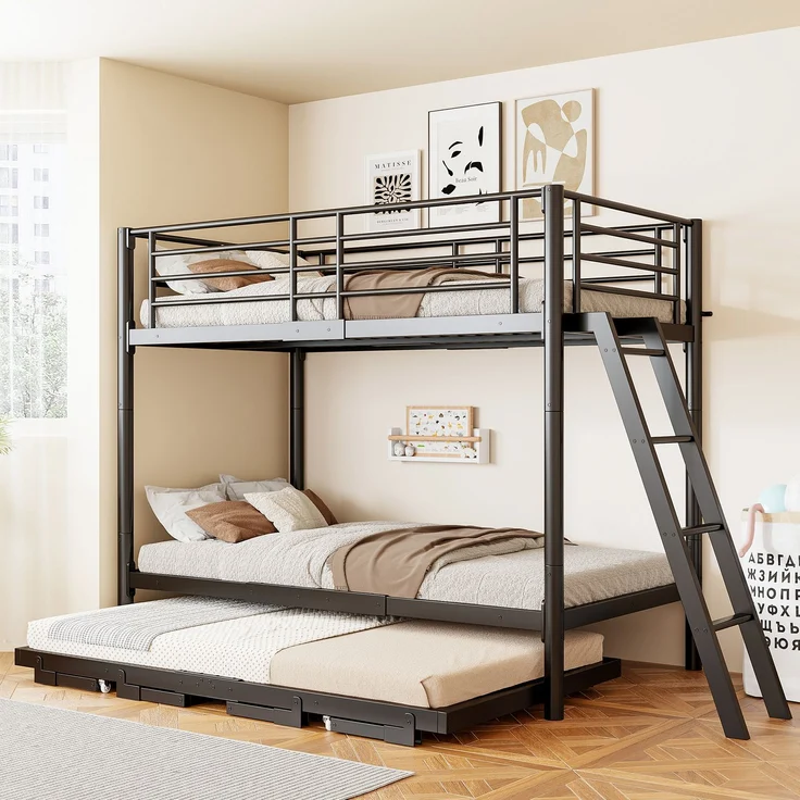 EINHOM Metall-Etagenbett mit Ausziehbett, 90 x 200, ausziehbares Gästebettgestell, platzsparendes Kinderetagenbett für mehrere Personen, ideal für Kinderzimmer und kleine Räume Schwarz (Ohne Matratze) – Bild 4