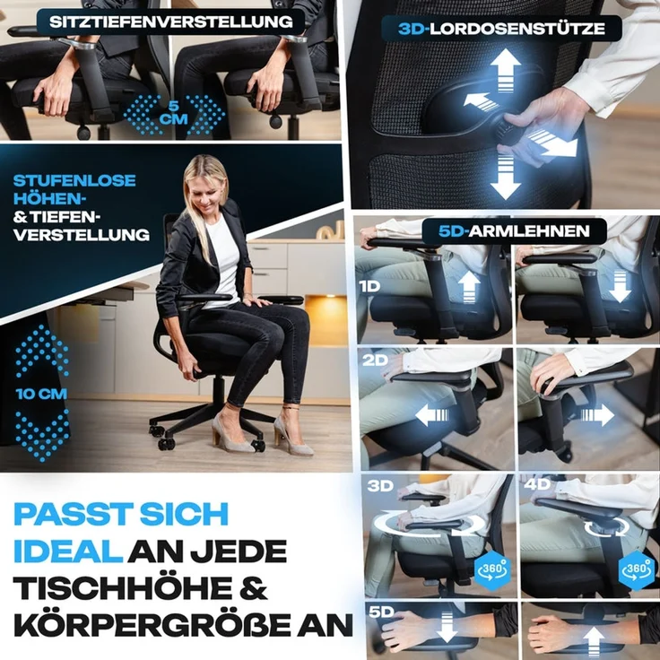 VALKENSTOL M4 Bürostuhl Ergonomisch Testsieger mit 5D Armlehnen für maximale Bewegungsfreiheit, Bequeme und Rückenfreundliche Bürostühle, Schreibtischstuhl ergonomisch als Home Office Chair – Bild 4