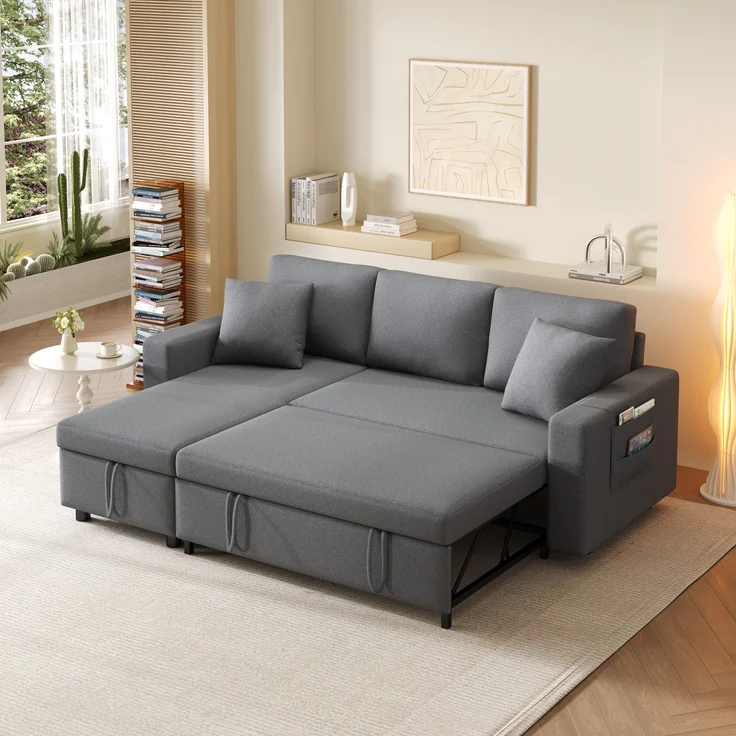 Multifunktions Sofa mit verstellbarer Chaiselongue & Staufach, Leinen, 219,5x142,5x83 cm, Dunkelgrau – Bild 2