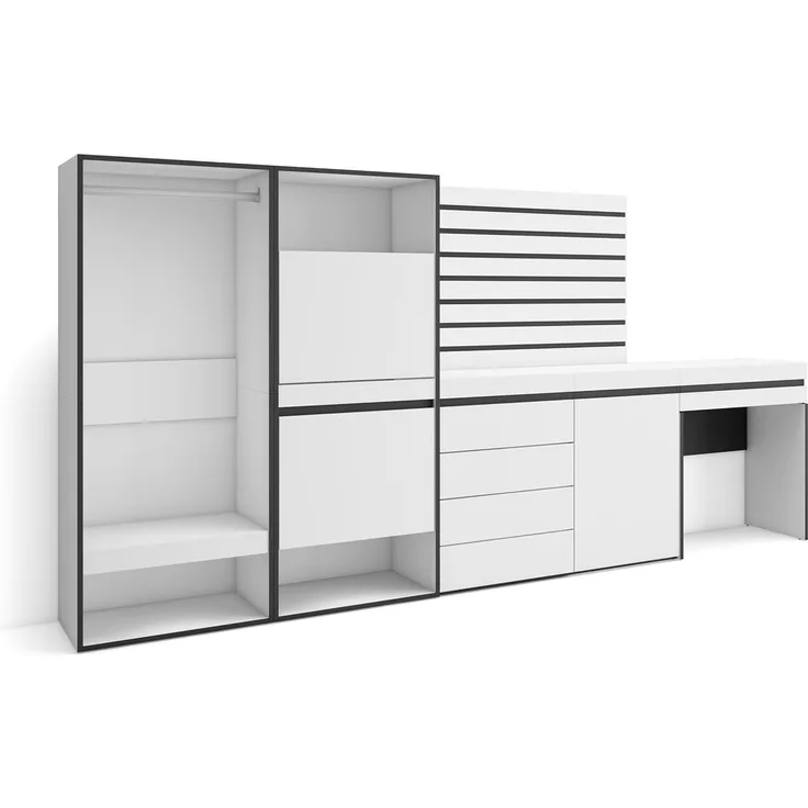 Skraut Home | Schuhregal, Schuhschrank | Schuhaufbewahrung | 297 x 145 x 35 cm | Für Schlafzimmer | Offener Kleiderschrank | Kommode mit Schubladen | Lamellenwand Holz | Schminktisch | Moderner Stil | Weiß