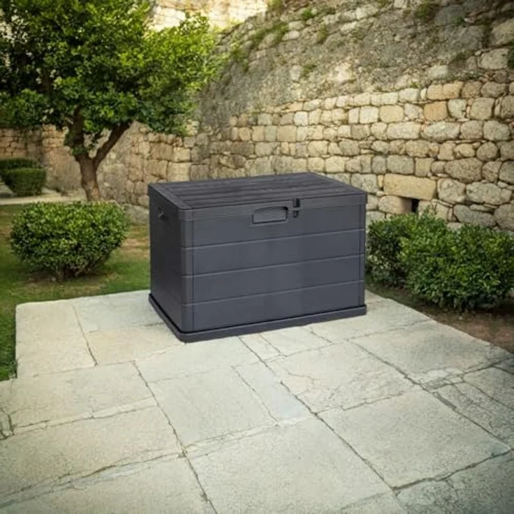 XXXL Kissenbox Anthrazit, Kunststoff mit Holzoptik, 170 Liter Volumen, aufklappbarer Deckel, absperrbar, 55x52x79 cm, Made in Italy – Bild 4