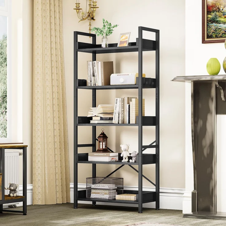 YITAHOME Bücherregal 5 Etagen, Bodenstehendes Bücherregal, Holzregal und stabiles Stahlrahmenregal mit 4 Haken Industrielles Lagerregal für Wohnzimmer, Heimbüro, Schwarz – Bild 1