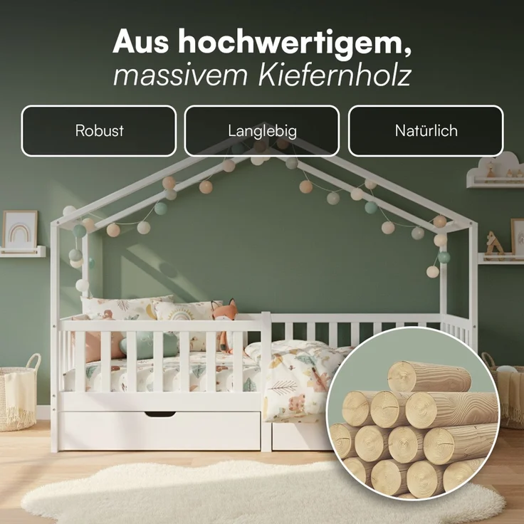 Bellabino 'Bia' Hausbett 90x200 cm mit 2 Schubladen, weiß, Kiefer Massivholz, Montessori Kinderbett mit Stauraum, inkl. Rausfallschutz und Lattenrost – Bild 6