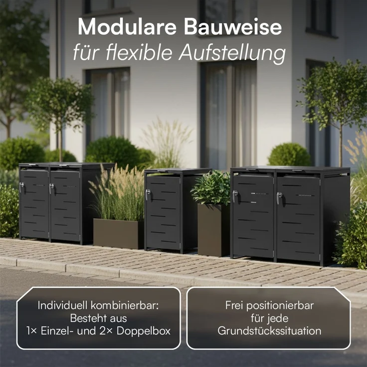 STEELSØN 'Diorus' Mülltonnenbox 5er je 120 Liter, graphitschwarz, Mülltonnenverkleidung aus Stahl mit Sichtstreifen, wetterfest, 102x62x294,5 cm, abschließbare Müllbox für 5 Tonnen – Bild 7