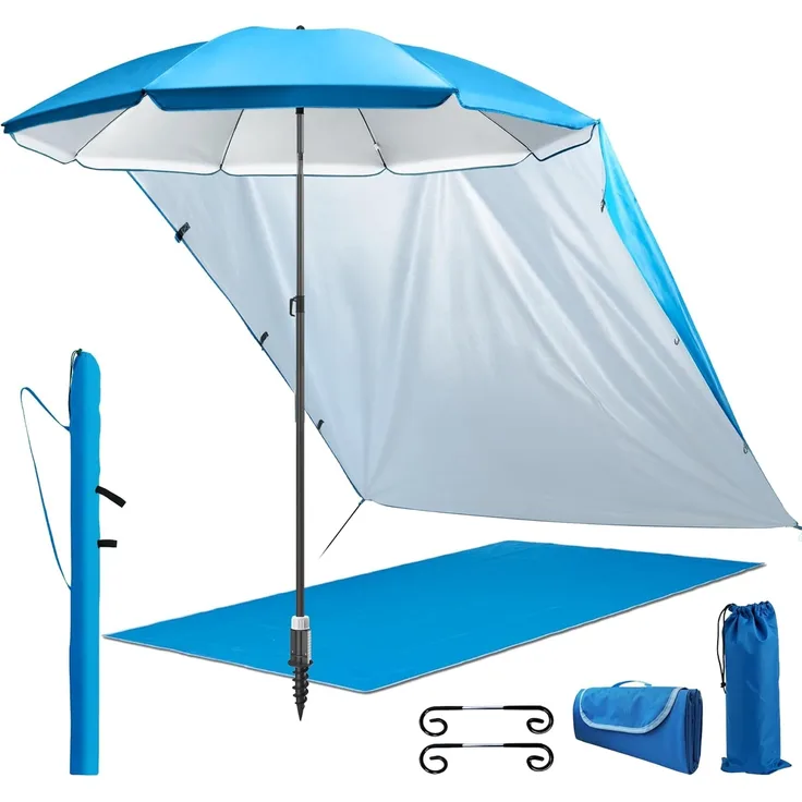 4smile Sonnenschirm 5er-Set Blau, Vielseitiger Sonnenschirm Strand,Ø 180 cm, windfester Strandschirm, Schirmständer Erdspieß, Sonnensegel Strand, Faltbare Stranddecke, Sonnenschirm Schutzhülle