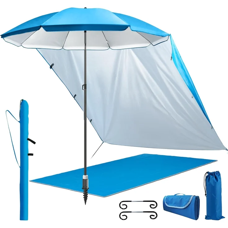 4smile Sonnenschirm 5er-Set Blau, Vielseitiger Sonnenschirm Strand,Ø 180 cm, windfester Strandschirm, Schirmständer Erdspieß, Sonnensegel Strand, Faltbare Stranddecke, Sonnenschirm Schutzhülle – Bild 1