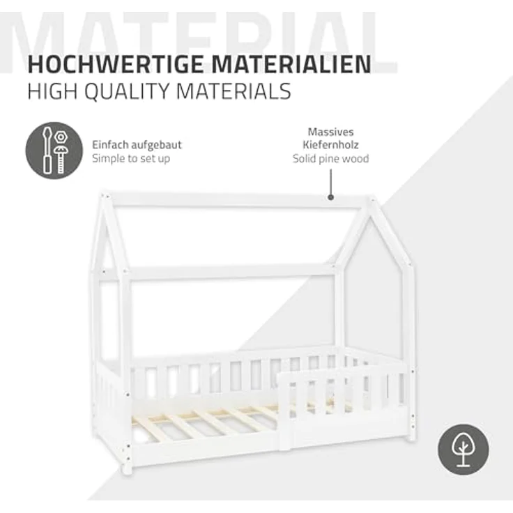 ML-DESIGN Kinderbett Hausbett Spielbett inkl. Lattenrost kreativ Bodenbett für Kinder, Abenteuerbett mit Rausfallschutz Spielbett Kiefer Weiß Himmelbett – Bild 9