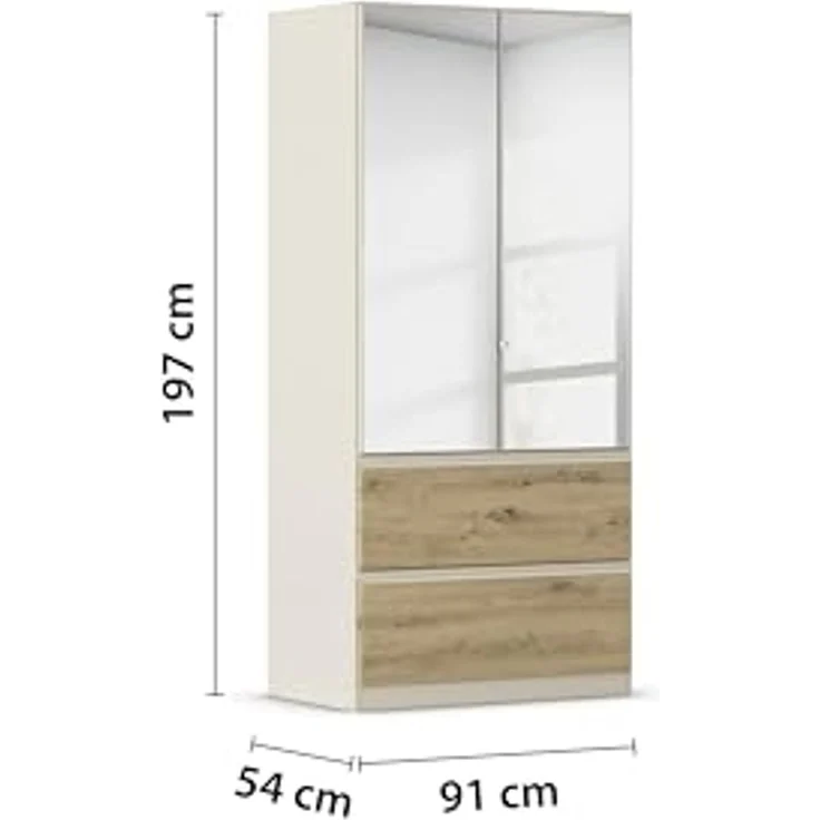 Rauch Möbel Costa, Kleiderschrank für Schlafzimmer, Kinderzimmer, Babyzimmer, Garderobe, 2-türig, Spiegel, 2 Schubladen, Push-to-Open, Zubehör Classic, Farbe Beige/Eiche Artisan, Holz, Breite 91 cm – Bild 3