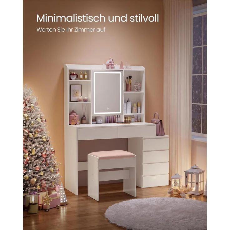VASAGLE Schminktisch mit LED-Beleuchtung, einstellbare Helligkeit, Frisiertisch mit Spiegel, Kosmetiktisch mit Schubladen, offenen Fächern, verstellbaren Ablagen, modern,97. 5cm,wolkenweiß von SONGMICS – Bild 7