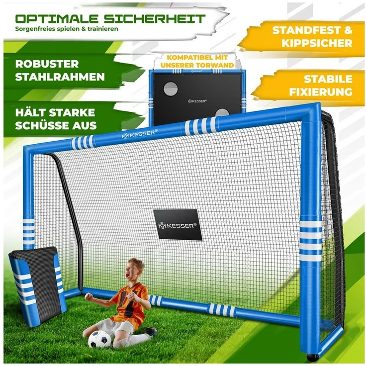 KESSER® Fußballtor für Garten robustes Outdoor Training Schusstraining UV-beständigem Netz, Stahlrahmen mit Polsterung, Erdhaken, Luftpumpe, Hüttchen, Montagezubehör für Kinder und Erwachsene Blau, 180cm, Ohne Torwand – Bild 3