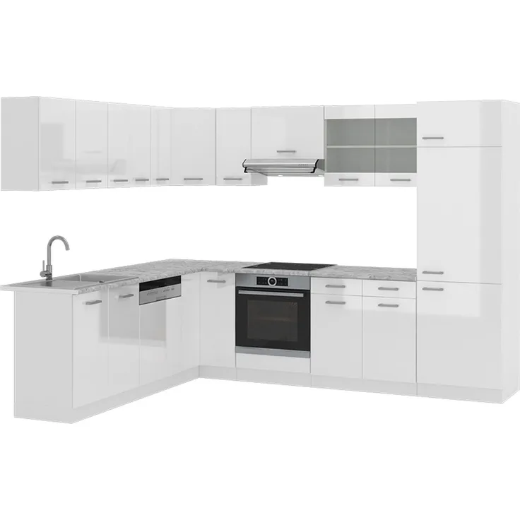 Eckküche R-Line Weiß Hochglanz/Weiß 287 x 227 cm ohne Arbeitsplatte Vicco