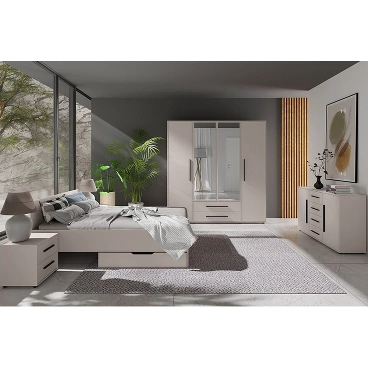 Lomadox Schlafzimmer-Set MOLLERUSA-132, (Spar-Set, 7-tlg, Bett Kleiderschrank Sideboard Bettschubkästen Nachttische), in kaschmir mit schwarzen Griffen, Liegefläche 160x200 cm – Bild 5