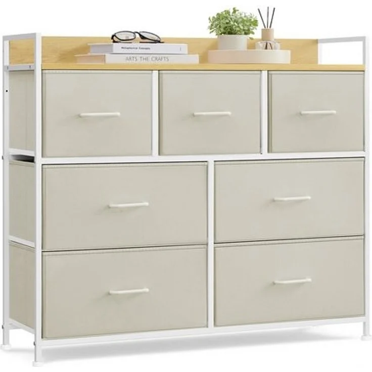Songmics Kommode mit 7 Stoffschubladen, Holz / Metall cremeweiß-wolkenweiß, 98 x 28,5 x 85 (BxTxH) cm – Bild 1