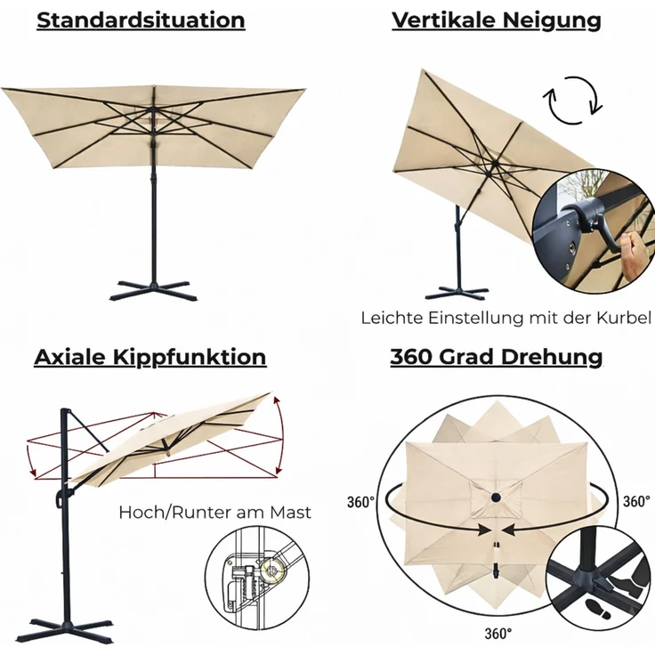 osoltus Ampelschirm KOS Alu-Vario Max 360 x 250 cm axial schwenkbar Beige – Bild 4