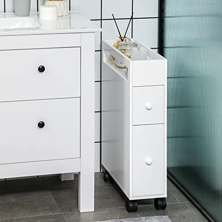 kleankin Badezimmerschrank mit Rollen, Nischenschrank mit 2 Schubladen, Badschrank mit offenem Fach, Badrollwagen, für Bad, 16 x 49,5 x 66 cm, Weiß – Bild 2