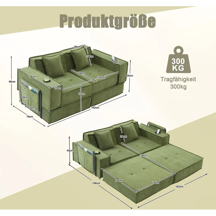 2-Sitzer-Sofa, Chenille mit Seitentaschen & 2 Kissen, 162x78x66 cm, Grün – Bild 5