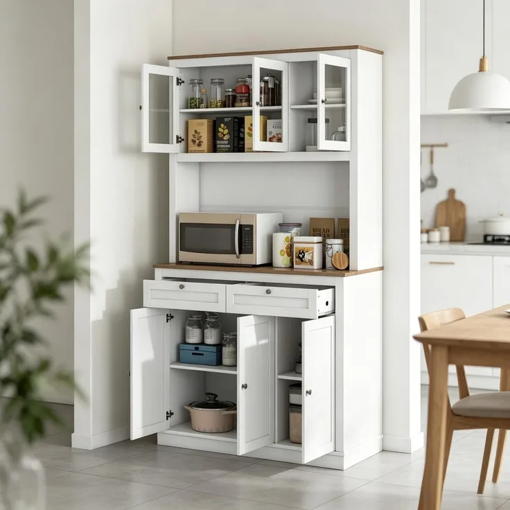 Buffet Anrichte mit offenen Regalen, Schubladen und viel Stauraum,Geschirrschrank,Küchenschrank--Weiß--100x40x180cm--YOUDENOVA
