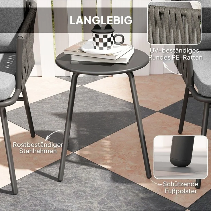 Essstuhl-Set mit Tisch 40x40x49 cm und Stühlen 58x63x69 cm, Grau, Stahlrahmen, Rattan, abnehmbare Bezüge – Bild 6