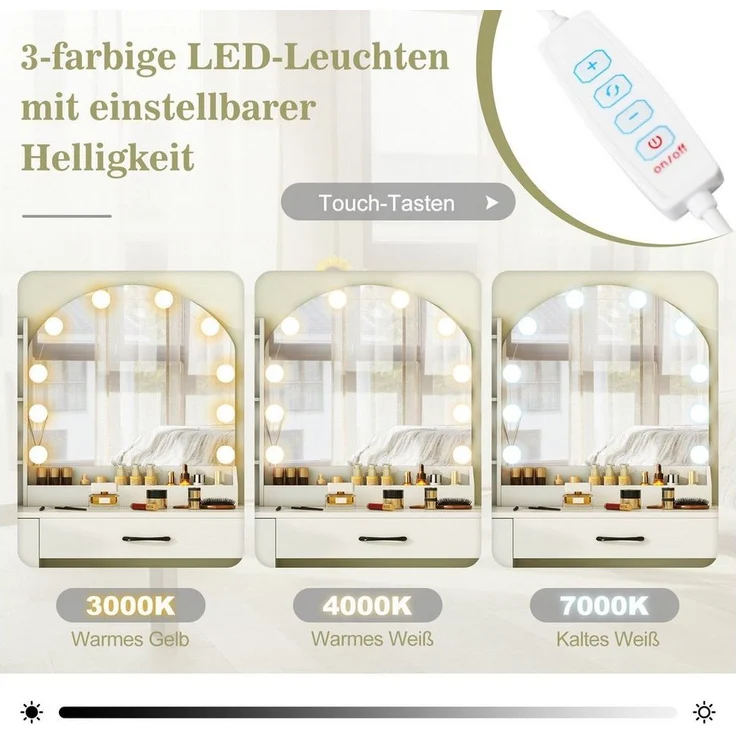 COSTWAY Schminktisch (1-St), mit LED-Beleuchtung, Ladestation, Hocker, Spiegel, 4 Schubladen – Bild 2