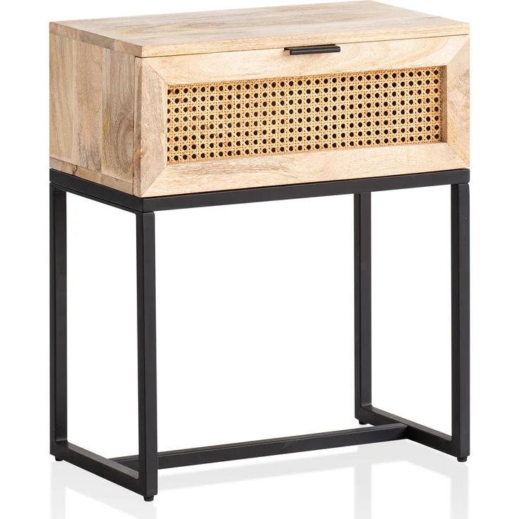 FineBuy Nachtkonsole Mango Massivholz mit Rattan & Metallgestell – Nachttisch im Boho & Natur Design mit Schublade, Nachtkästchen mit Wiener Geflecht für Boxspringbetten – 50x60x30 cm – Bild 6