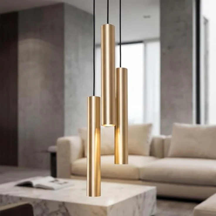 Licht-Erlebnisse Pendelleuchte Messing Zylinder 3-flammig D:20cm GU35 wechselbar, Hängelampe für Esszimmer und Küche, Höhe 40cm, Breite 62cm – Bild 1