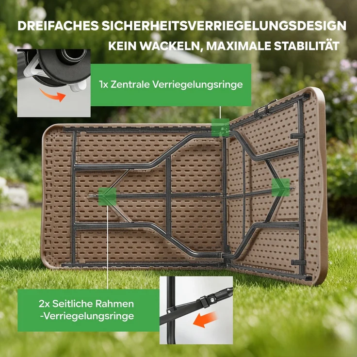 Eiryss Klappbarer Gartentisch 180x70cm, Outdoor Campingtisch für 8, braun mit Rattanoptik-Kunststoffplatte, Metallrahmen, 150kg, 3 Sicherheitsschlösser, leichter Buffetstisch für Garten, Balkon, Picknick – Bild 4