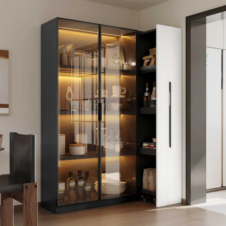 BlingBin Stauraumvitrine Multifunktionsschrank Glasvitrine (1-St, Bücherregal mit LED-Vitrine & seitlichem Auszugsschrank auf Rollen) Soft-Close-Scharniere, Warmgelbe Beleuchtung, 110,5×35×160 cm – Bild 5