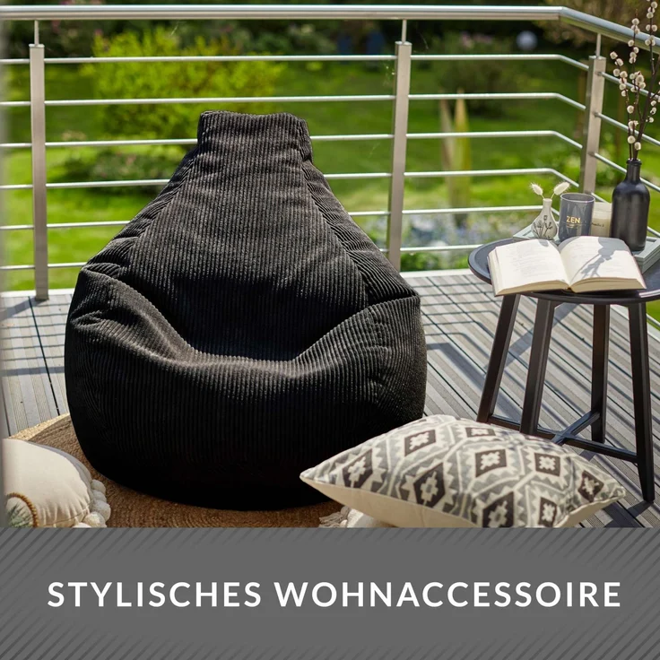 Green Bean® Sitzsack mit Rückenlehne 80x80x90cm - Gaming Chair mit 230L Füllung Cordstoff - Bean Bag Bodenkissen Lounge Sitzhocker Relax-Sessel Gamer Gamingstuhl Schwarz – Bild 8