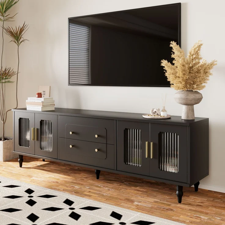 TV-Schrank 175 cm Schwarz mit Rattan-Türen, Push-to-Open Schubladen, mit goldenen Griffen und Stützfüßen – Bild 4