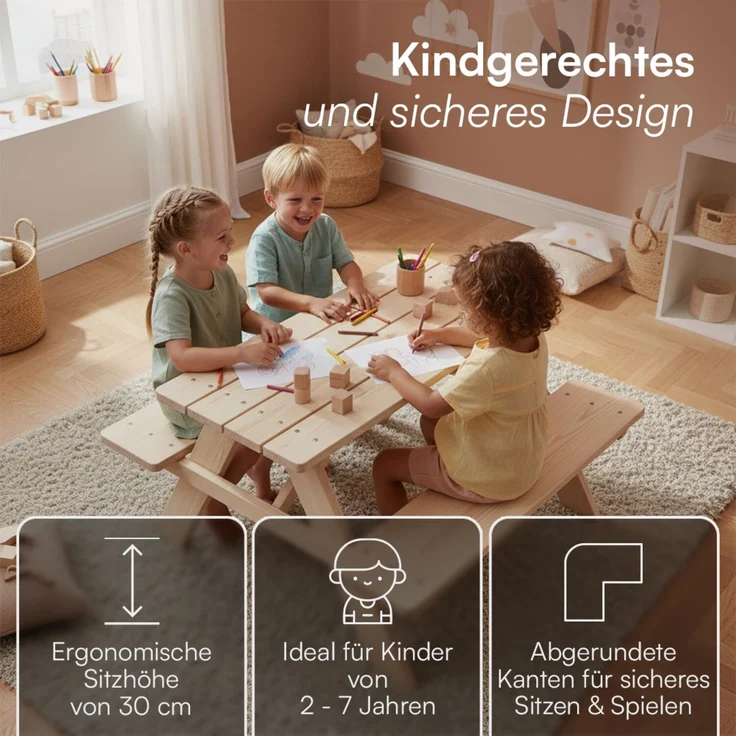 Bellabino 'Inny' Sitzgarnitur für Kinder, Kiefer massiv, natur unbehandelt, 50x83x89 cm, Kindersitzgarnitur für 4 Personen, ab 2 Jahren – Bild 4