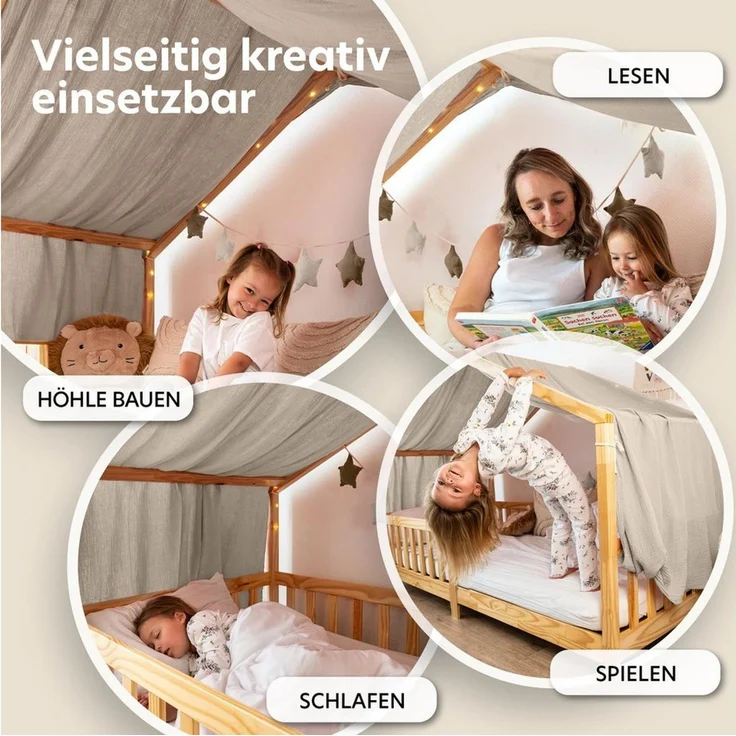 lilimaus Betthimmel Musselin Hausbett Himmel Kinderzimmer Baumwolle mit Gold, Gemütlicher Baldachin aus Baumwolle für traumhafte Kinderzimmer-Deko – Bild 2