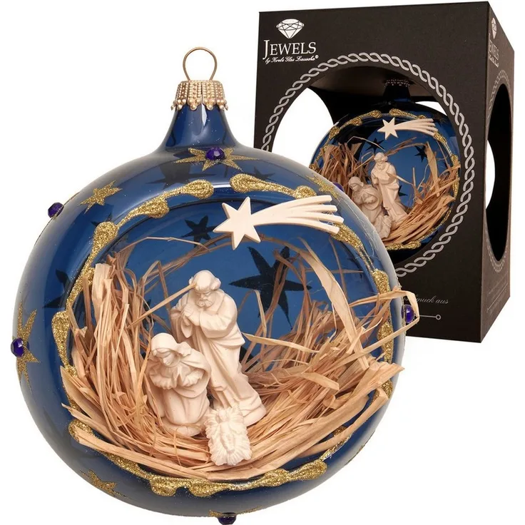 Krebs Glas Lauscha Weihnachtsbaumkugel Weihnachtskugel Krippenszene blau 10cm, Dekoriert mit Liebe zum Detail
