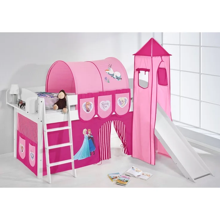 Lilokids 'Ida 4105' Spielbett 90x200 cm, Eiskönigin Rosa, Kiefer massiv, mit Turm, Rutsche und Vorhang