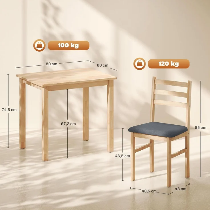 HOMCOM Essgruppe Esstisch mit 2 Stühlen Platzsparend Esszimmergruppe, (Sitzgruppe, 3-tlg, Küchentisch mit gepolsterten Essstühlen), für kleine Raum, Esszimmer, Küche, Naturholz – Bild 7