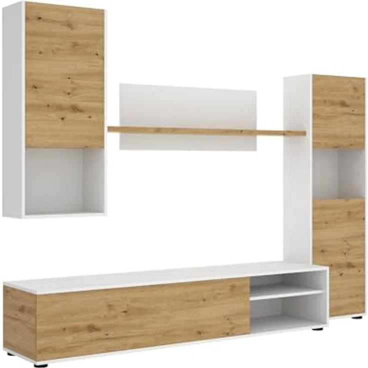 Dmora - Wohnwand Foraker, TV-Ständer-Wohnzimmerset, Mehrzweck-Wohnzimmermöbel, 220 x 41 x 180 cm, Node Oak und Weiß – Bild 6