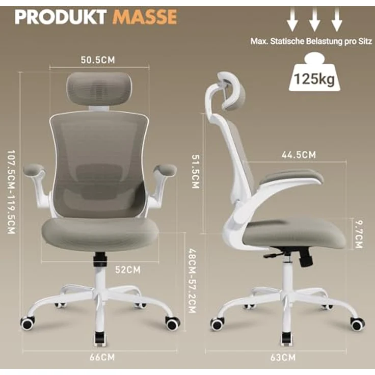 COLAMY Bürostuhl Ergonomisch, Netz-Schreibtischstuhl mit Verstellbarer Kopfstütze, Chefsessel Office Chair mit Lendenwirbelstütze, Verstellbarer Neigungsverschluss Drehstuhl, Khaki – Bild 4