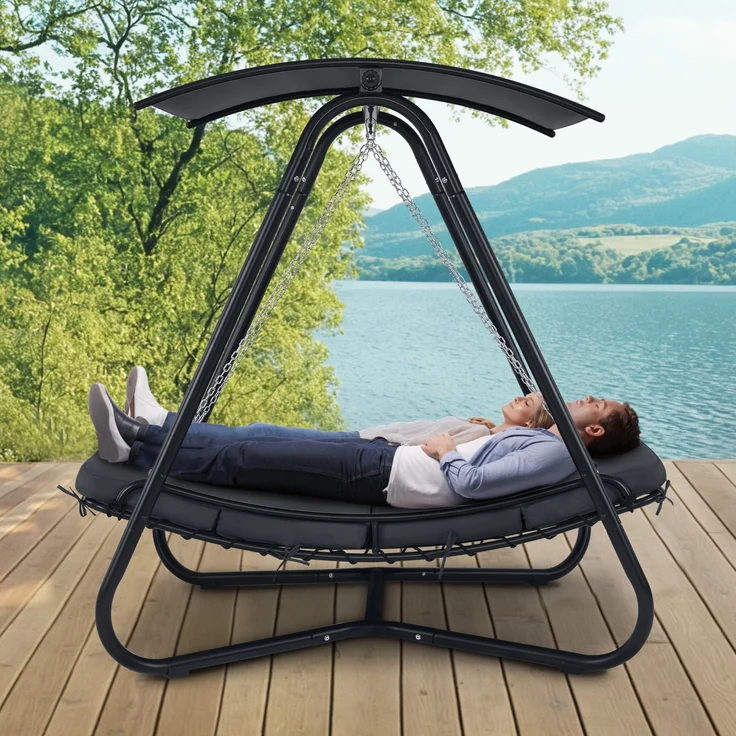 M MCombo Hollywoodschaukel mit Liegefunktion, Schaukelliege Outdoor, Gartenliege Wetterfest, Gartenschaukel mit Sonnendach & Extradickem Sitzkissen, Sonnenliege 167x155x173 cm, 8012 (grau) – Bild 2